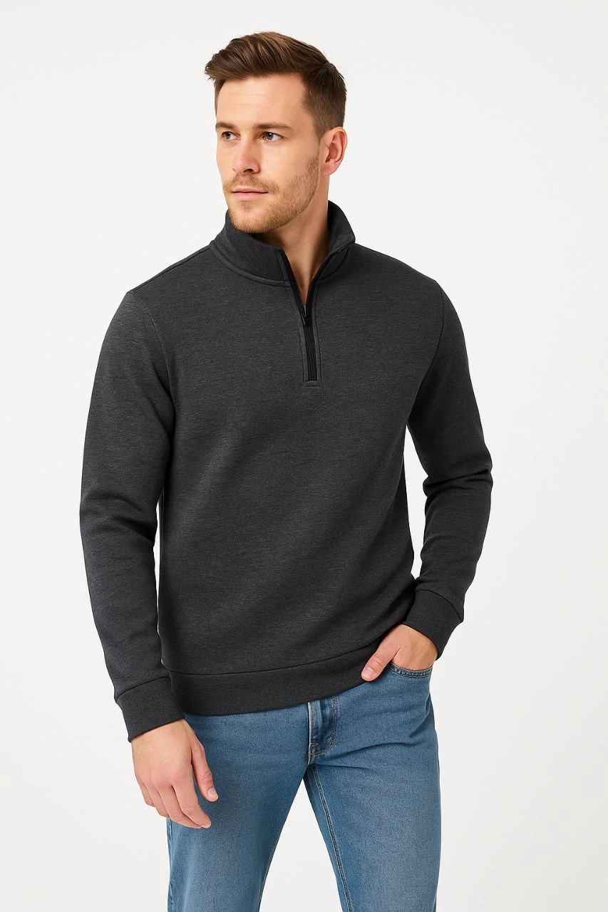 Kışlık Bisiklet Yaka Üç İplik Basic SweatShirt - Antrasit